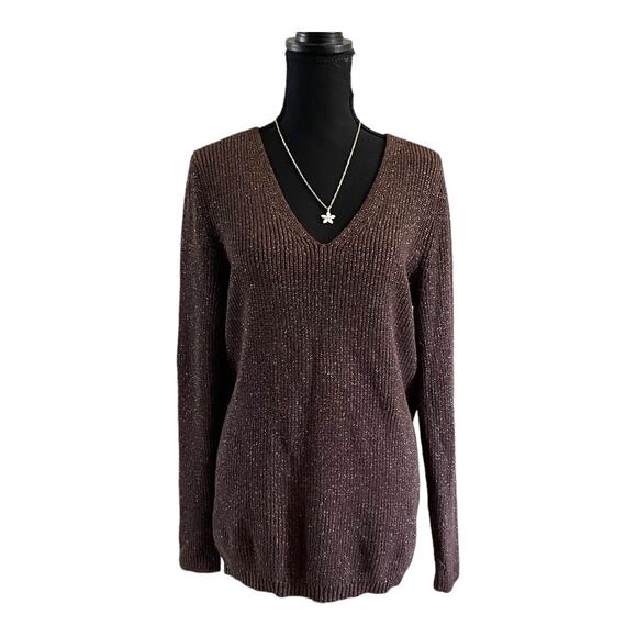 Lane Bryant Women's Dark Brown Gold Metallic V Neck Plus Size Fall Sweater 14/16 - Picture 1 of 6